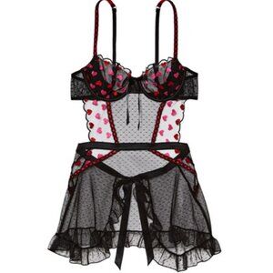 New! Victoria's Secret Luxe Cupid Black Lace Wicked Apron Babydoll 22876
